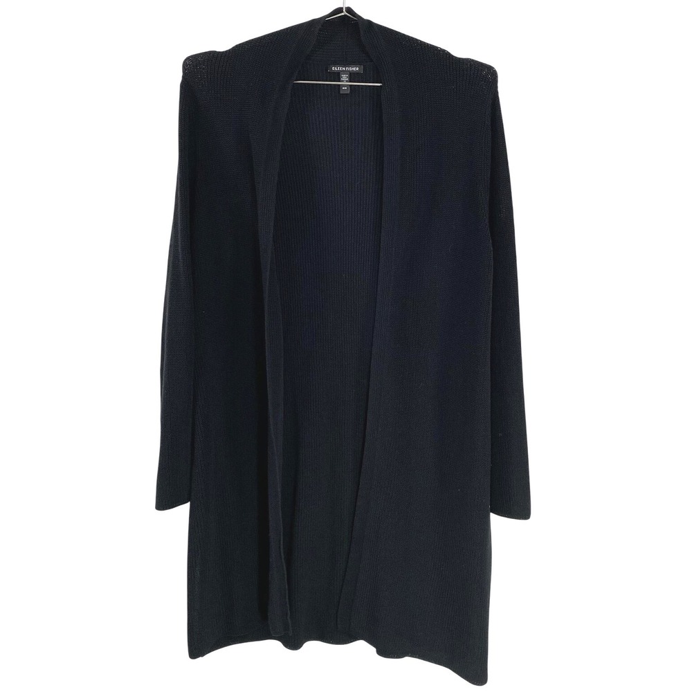 Eileen Fisher Cardigan Sweater Womens Medium Black 100% Organic Cotton Knit Peru